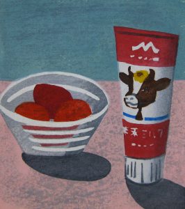 柿本俊文「苺とミルク/オンザテーブル」2017年　木版画　19×16.5cm ￥16,200（シート）
