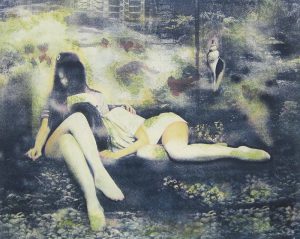 小林美佐子「微睡」銅版画、リトグラフ、手彩色　57×72cm
