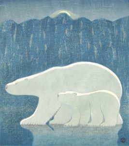 柿本俊文「しろくまと北極」新作 木版画 32,5×28,5cm