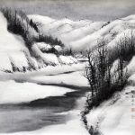 湯川三舟「寒村雪渓」墨画掛軸 55×60cm