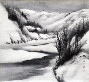 湯川三舟「寒村雪渓」墨画掛軸 55×60cm