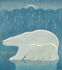 柿本俊文「しろくまと北極」2022年 木版画 32,5×27,5cm