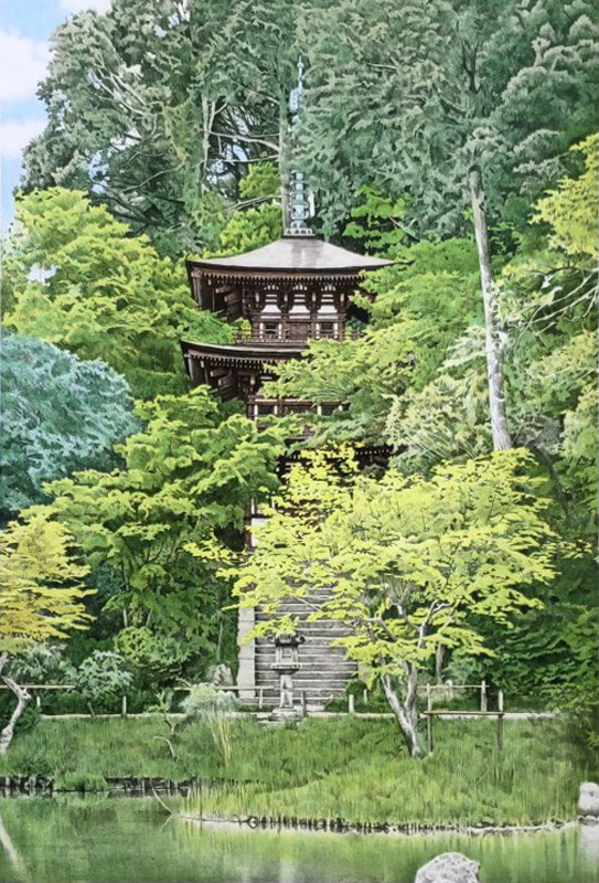 山本桂右「新緑の浄瑠璃寺三重塔」