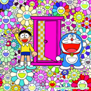 村上 隆「「どこでもドア」でお花畑にやって来た！」2019年　オフセットリトグラフ　60×60㎝