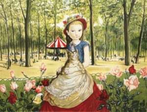 藤田嗣治「公園の少女と猫」リトグラフ　49×62㎝