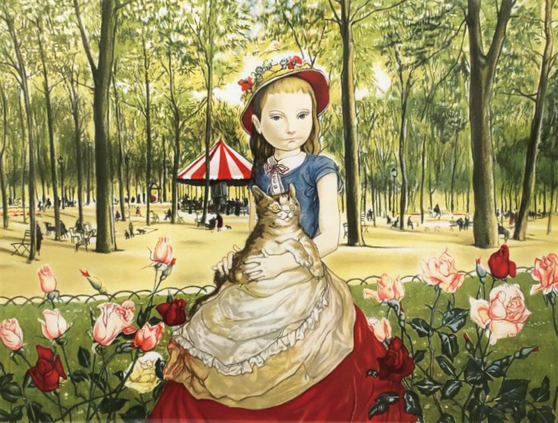 藤田嗣治「公園の少女と猫」リトグラフ　49×62㎝